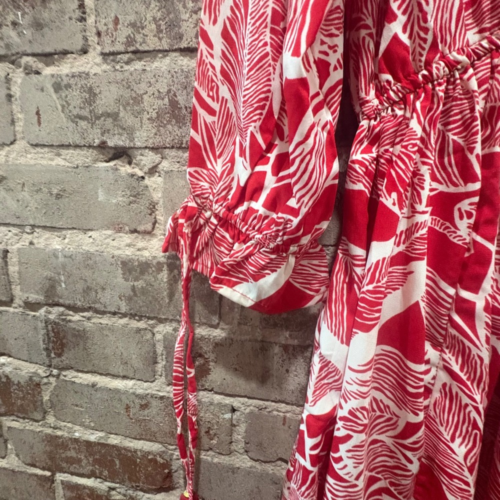 Masala Red White Tropical Leaf Print Maxi Dress V Neck Smocked Dress Size Medium - Picture 6 of 8